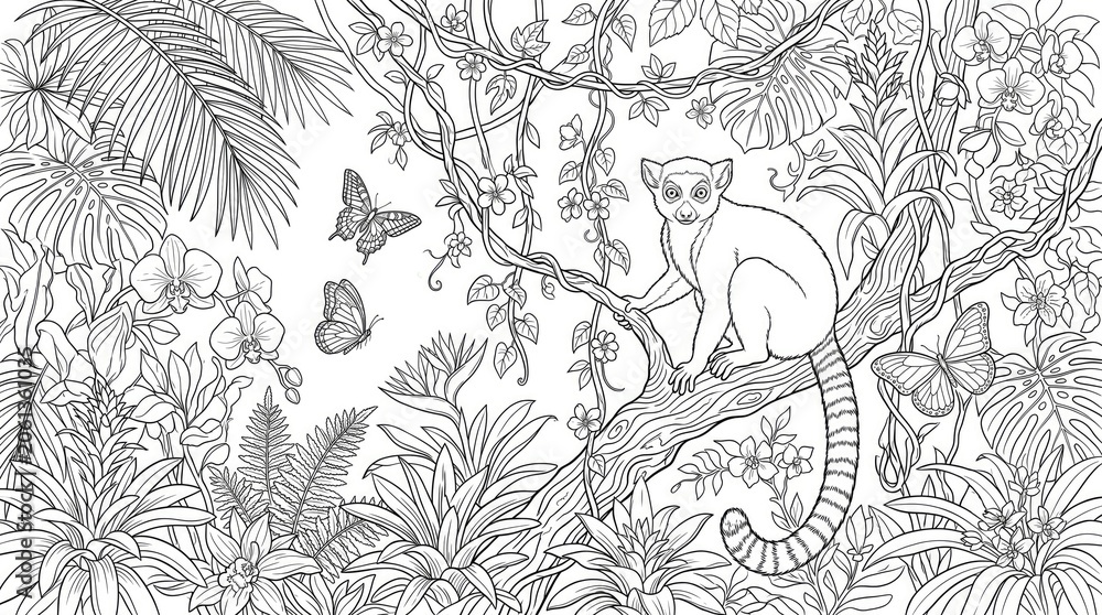 Fototapeta premium Tropical lemur jungle silhouette coloring page for adults and kids