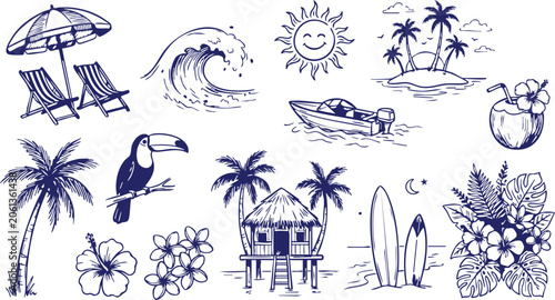 Tropical Scene Collection, Blue Line Vector Illustration On White Background