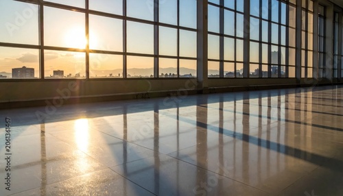 Sunset reflecting on polished commercial lobby floor