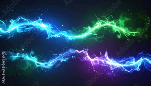 Symmetrical blue and green neon energy flow trails.