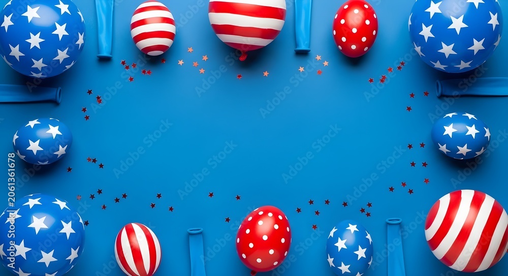 Obraz premium Festive fourth of july arrangement with balloons and confetti on a vibrant blue backdrop