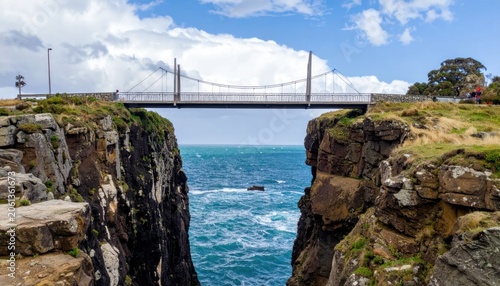 Suspension bridge over deep rocky ocean inlet.