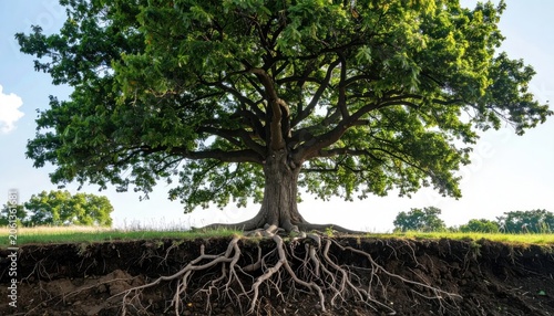 Symmetrical tree with deep roots in soil cross section