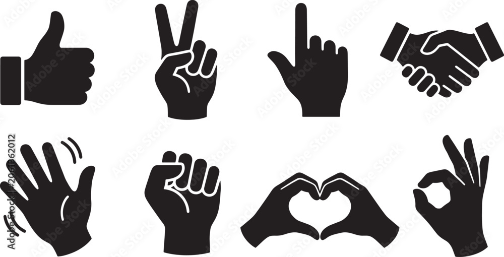 Fototapeta premium Collection of Hand Gesture Silhouette Icons Representing Various Communication Signals and Common Human Expressive Nonverbal Signs isolated on a white background.