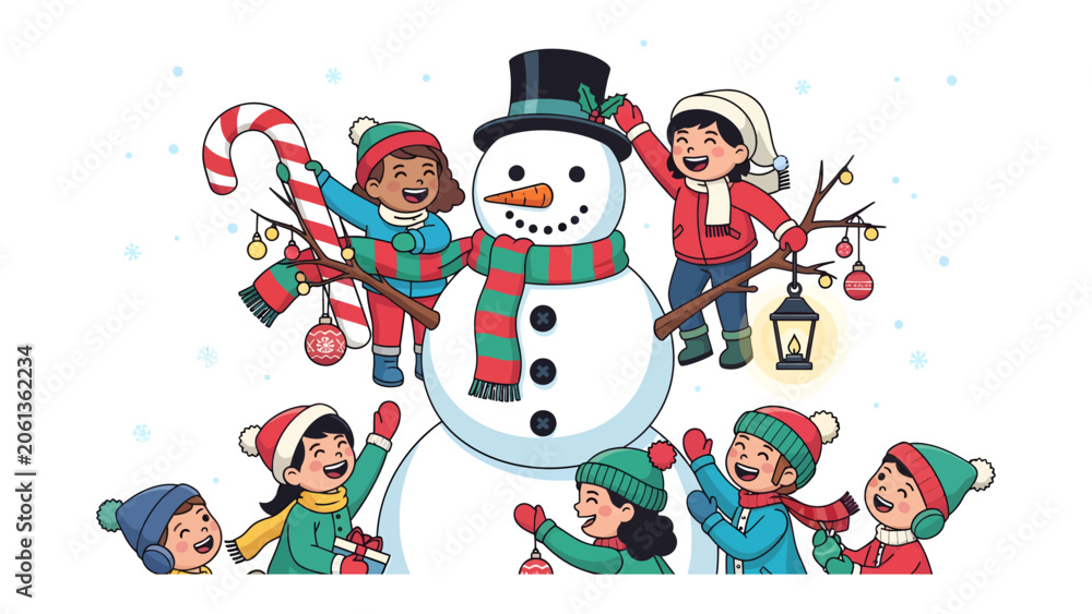Naklejka premium Winter Wonderland Building Fun: A group of diverse children joyfully constructs a snowman adorned with festive decorations, capturing the spirit of winter play and holiday cheer.