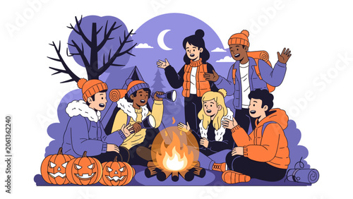 Autumn Campfire Stories: A group of friends enjoys a spooky, festive Halloween night around a crackling campfire, sharing stories under a crescent moon.