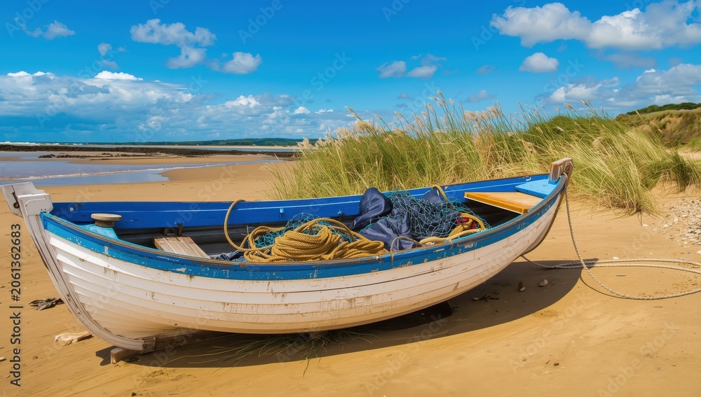 Obraz premium Tiny old fishing vessel with cover, nets, and rope on the shore.