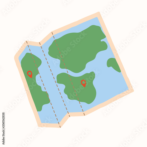 Hand drawn travel paper map with location pins in flat style. Ideal for navigation, tourism blog, print, apps, posters, banners, sticker.