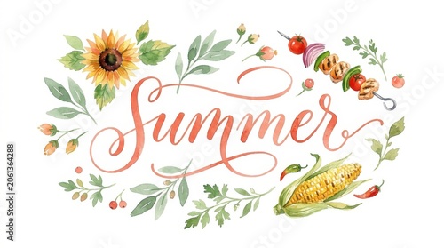 Summer BBQ Food. Watercolor summer lettering with sunflower, grilled vegetable skewer, and corn cob, seasonal food menu illustration.