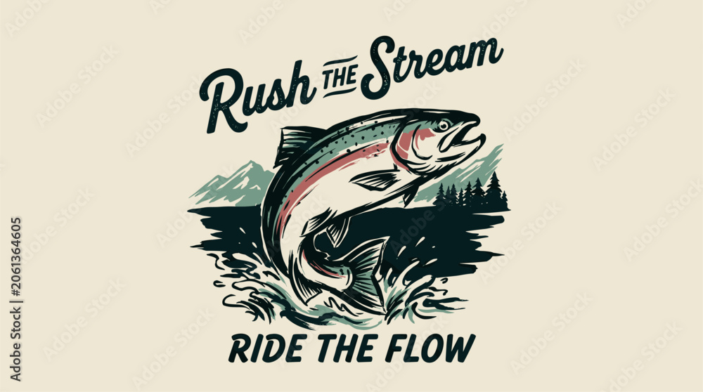 Obraz premium Rush the stream. Mountain adventure vintage print design for t shirt. Ride the flow. Fishing club artwork.