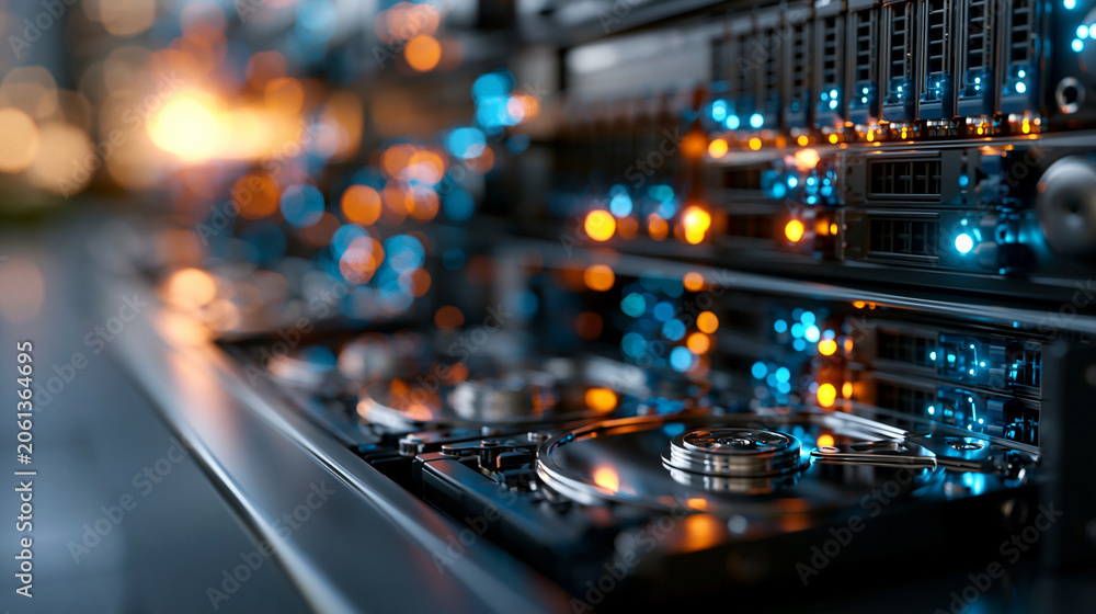 Obraz premium Data center rack close-up with high-density storage drives and precise LED indicators, scalable archive concept, enterprise data storage, cloud backup, server array, digital infrastructure,