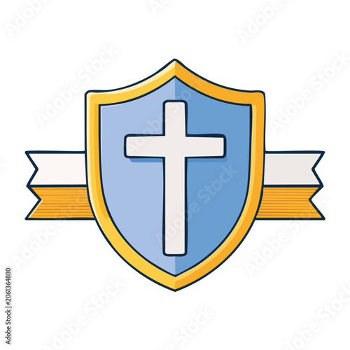 Christian cross on shield with ribbon