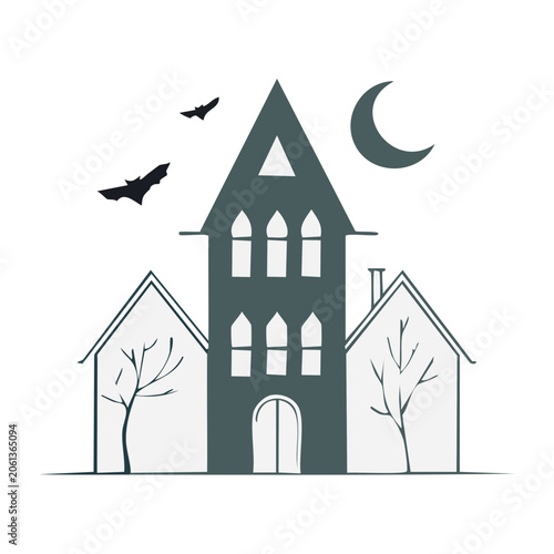 Flat design haunted house with bats and moon