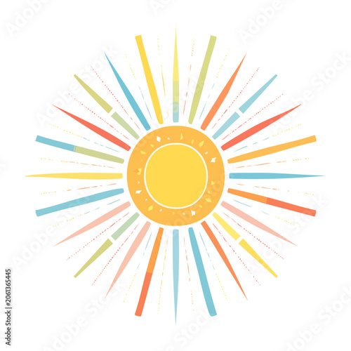 Stylized sun with colorful rays on white background