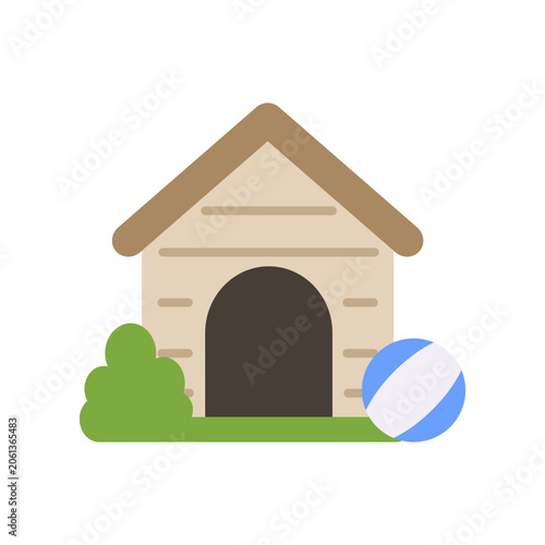 Cute dog house with pet ball and greenery. Simple pet shelter cartoon vector icon representing animal care