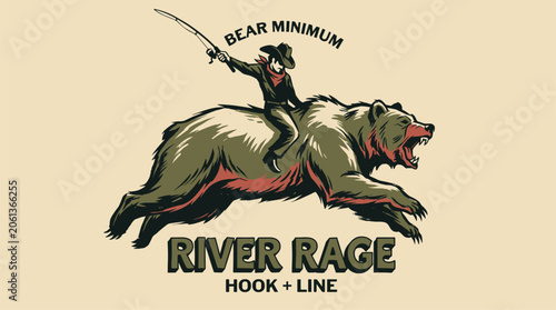 River rage bear minimum. Mountain adventure vintage print design for t shirt. Fishing club graphic. Explore more.