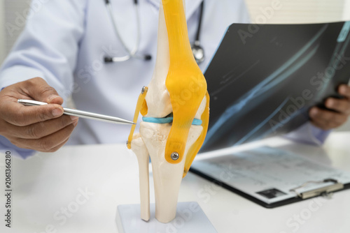 Slika na platnu Doctor examining knee joint bone radiography xray film.