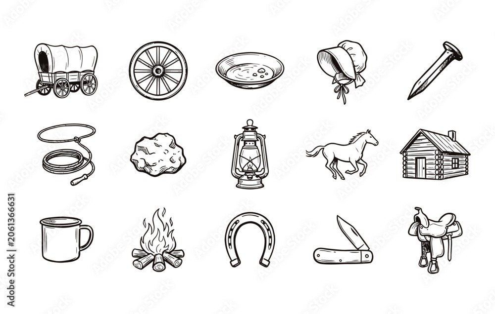 Fototapeta premium Cowboy lifestyle and western frontier outline illustrations featuring covered wagon saddle and lantern