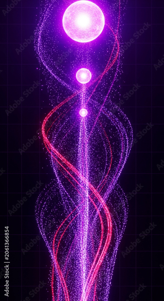 Naklejka premium Glowing orbs ascend through swirling trails of purple and red glitter particles against a dark grid, symbolizing energy, movement, and cosmic phenomenon