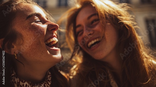 spontaneous moment of genuine laughter between friends outdoors, natural emotions, bright golden sunlight, premium lifestyle photography, authentic