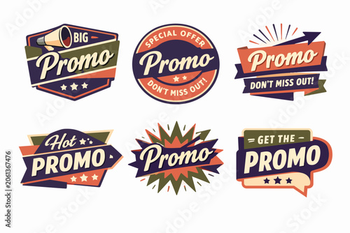Vintage style promo badges collection for sales and marketing campaigns, discount offers, and special advertising
