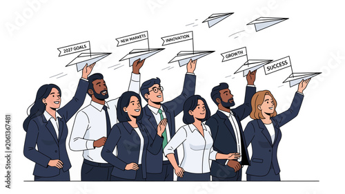 Obraz na plátně Team Launching Paper Planes of Success: A diverse group of business professionals, adorned in smart suits, stand together, each holding a paper airplane aloft, symbolizing aspirations for goals