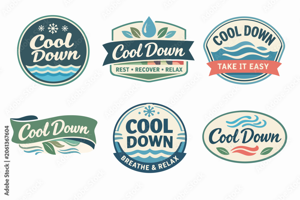 Fototapeta premium Set of vector cool down logos, badges, and emblems representing health, wellness, water, recovery, and relaxation concepts