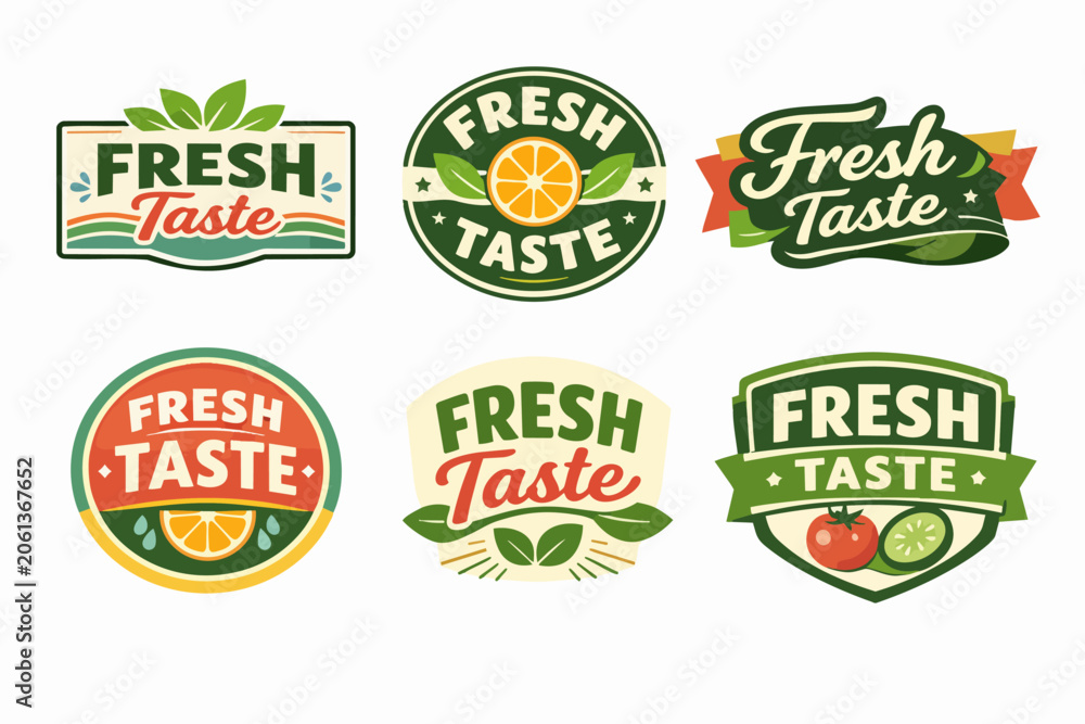 Naklejka premium Fresh taste food label set with organic natural product concepts including fruit, vegetable, and culinary herb elements