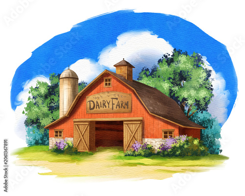 Red dairy barn stands under blue sky with clouds, surrounded by green trees and grass in a rural area