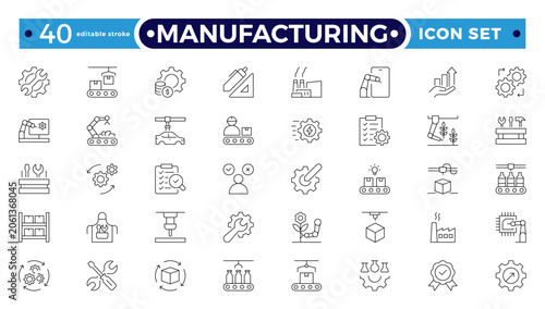 Εκτύπωση καμβά Manufacturing Outline Icon Set with Blueprint, Engineer, Machinery, Industrial Tools, Engineering, Construction, Civil, Mechanical, and Electrical Engineering Symbols