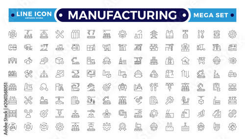 Fotografie Manufacturing Outline Icon Set with Blueprint, Engineer, Machinery, Industrial Tools, Engineering, Construction, Civil, Mechanical, and Electrical Engineering Symbols