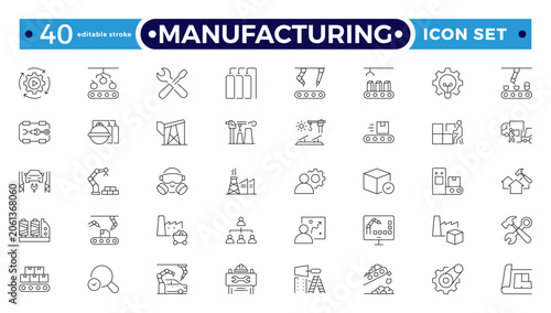 Photography Manufacturing Outline Icon Set with Blueprint, Engineer, Machinery, Industrial Tools, Engineering, Construction, Civil, Mechanical, and Electrical Engineering Symbols