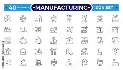 Tableau sur toile Manufacturing Outline Icon Set with Blueprint, Engineer, Machinery, Industrial Tools, Engineering, Construction, Civil, Mechanical, and Electrical Engineering Symbols
