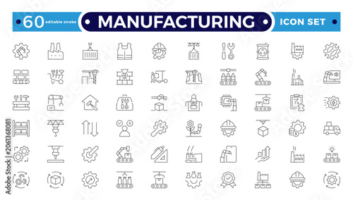Photography Manufacturing Outline Icon Set with Blueprint, Engineer, Machinery, Industrial Tools, Engineering, Construction, Civil, Mechanical, and Electrical Engineering Symbols
