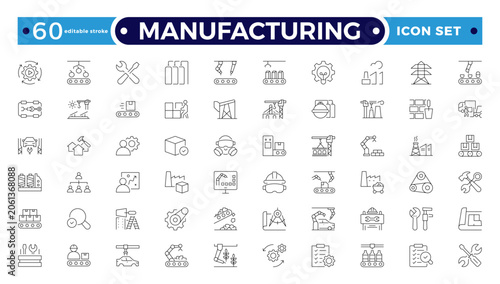 Fotografie Manufacturing Outline Icon Set with Blueprint, Engineer, Machinery, Industrial Tools, Engineering, Construction, Civil, Mechanical, and Electrical Engineering Symbols