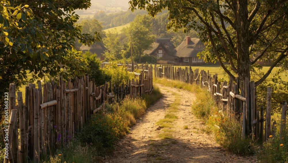 Obraz premium Wooden stick fence by dirt trail in countryside.