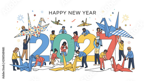 Принти на полотні New Year Celebration 2027 with Origami Cranes: Diverse group of people assembling giant origami cranes around the numbers 2027, symbolizing hope, good fortune