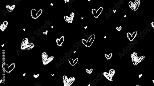 Romantic love theme for Valentines Day. A black and white wallpaper with a pattern of handdrawn hearts, creating a whimsical and romantic atmosphere.