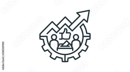 Teamwork and discussion gear with upward growth arrow.
