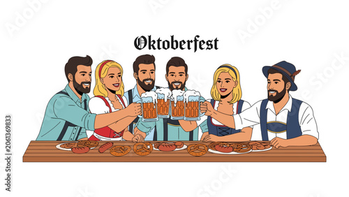 Canvastavla Oktoberfest Celebration: A group of joyful people in traditional attire clink beer mugs in a toast, celebrating Oktoberfest with traditional food laid out before them