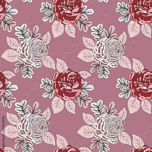 Seamless Pattern with Red and Pink Roses.a pattern with roses and leaves on a pink background.