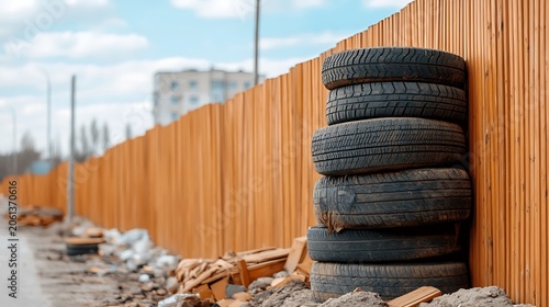 Stack of Old Black Rubber Tires Leaning Against a Tall Orange Wooden Fence on a Construction Site