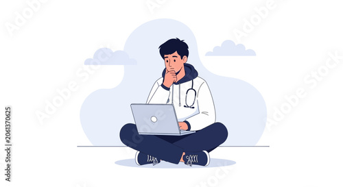 Young doctor in hoodie and lab coat studying on laptop, cross-legged with thoughtful expression, minimalist flat design.