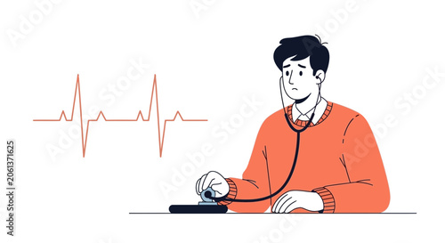 Worried Man Checking Heartbeat with Stethoscope and EKG Line