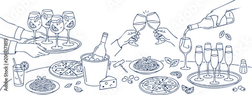 Celebration Scene With Wine Glasses And Food, Blue Line Illustration