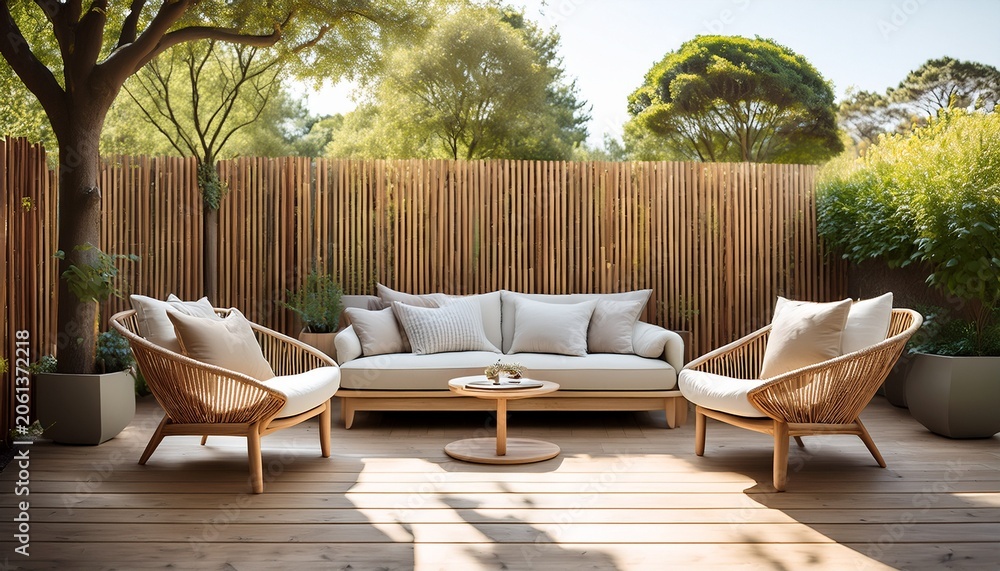 Fototapeta premium classic mid century modern street furniture design neutral colors aesthetic ambiance scandinavian sofa and chairs made of wood and beige textiles scandinavian backyard terrace surrounded by trees