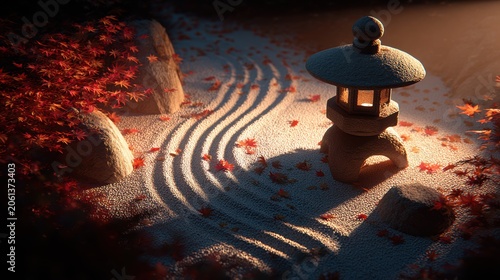 Zen Buddhism, meditation, inner peace, Chinese Japanese Asian tradition. Therapy stress release treatment, health lifestyle. A tranquil Japanese Zen garden illuminated by a lantern.