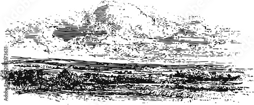 vintage landscape engraving with cloudy sky and expansive countryside horizon