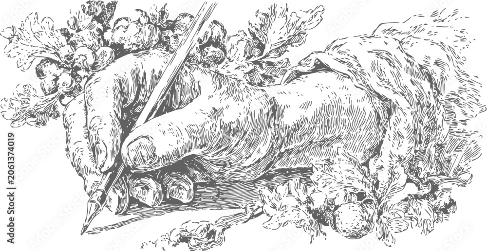 Obraz premium Vintage engraving of a hand writing with a quill pen surrounded by leaves and acorns