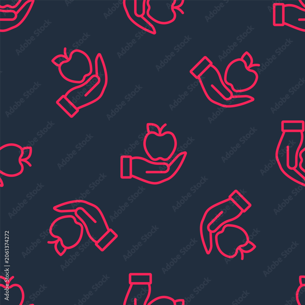 Obraz premium Red line Apple icon isolated seamless pattern on black background. Excess weight. Healthy diet menu. Fitness diet apple. Vector